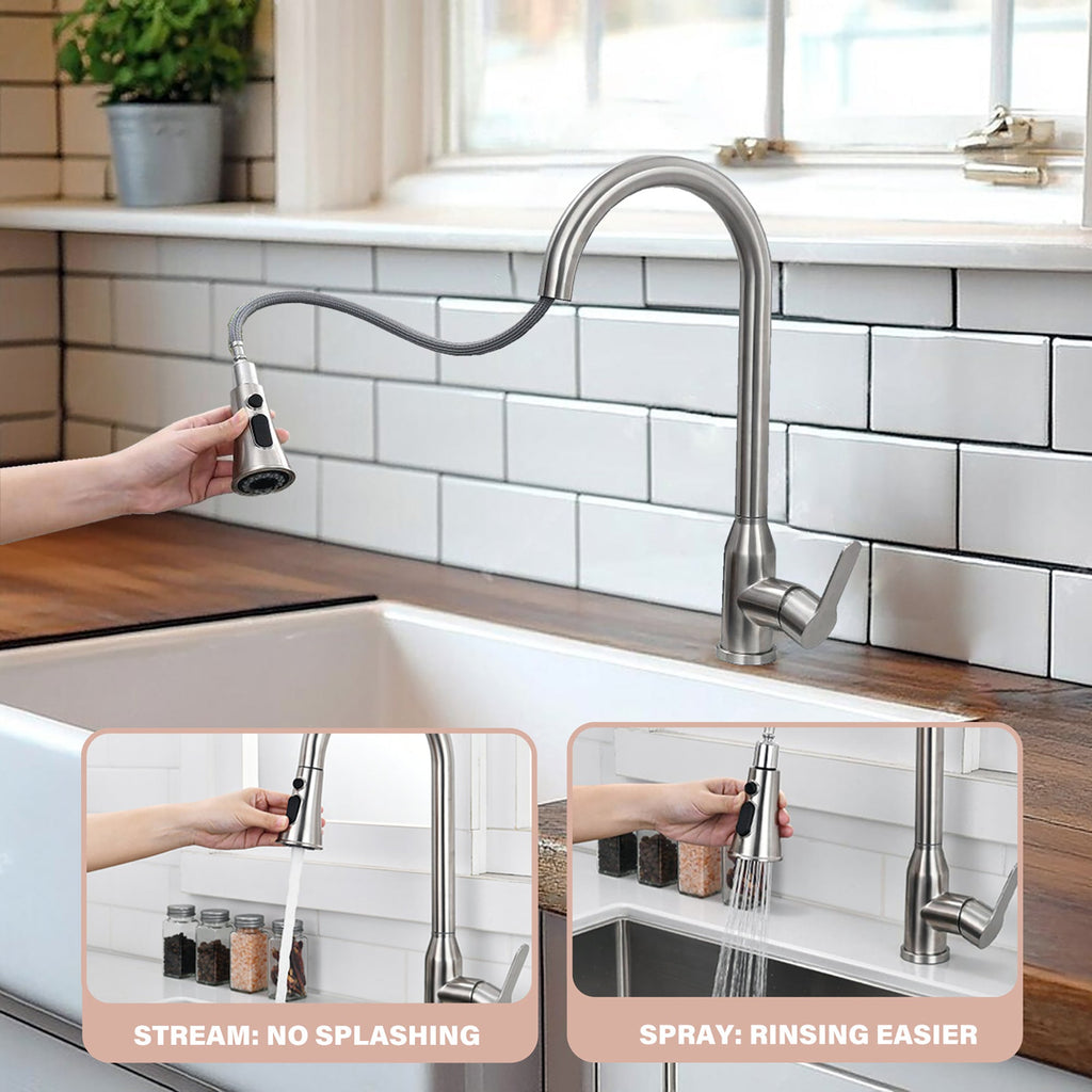 Stainless Steel High Arc Kitchen Faucet with Pull Down Sprayer in Brushed Nickel Finish