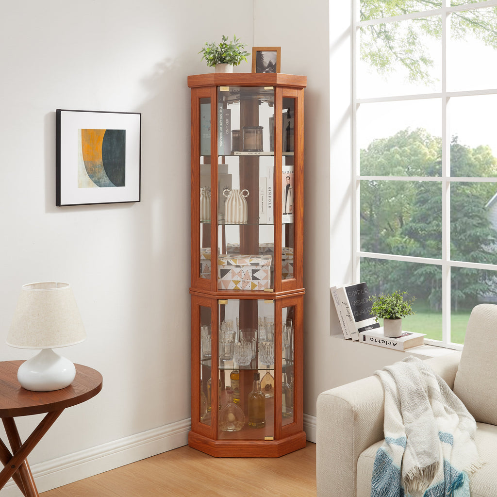 Corner Glass Cabinet Lighted Curio Cabinet Corner Display Case for Living Room, Curio Cabinet, Antique collection, Wine,Bar Glass Storage Light Included, Dark oak
