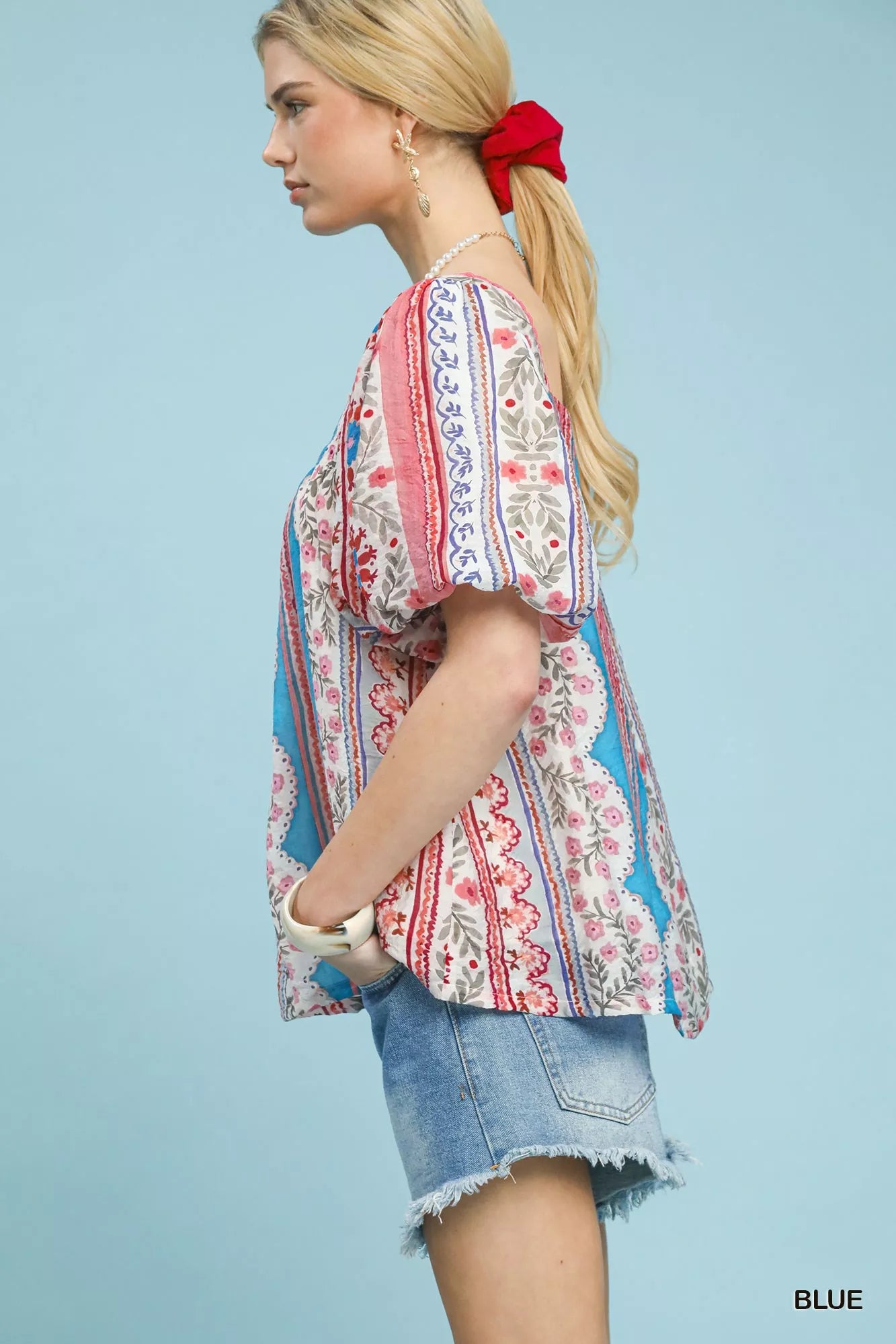 Umgee Patchwork Puff Sleeve Smocked Blouse
