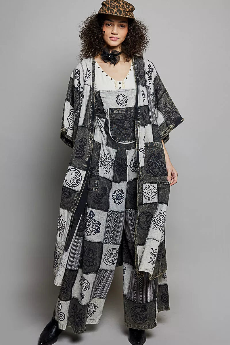 POL Open Front Printed Patchwork Longline Cardigan
