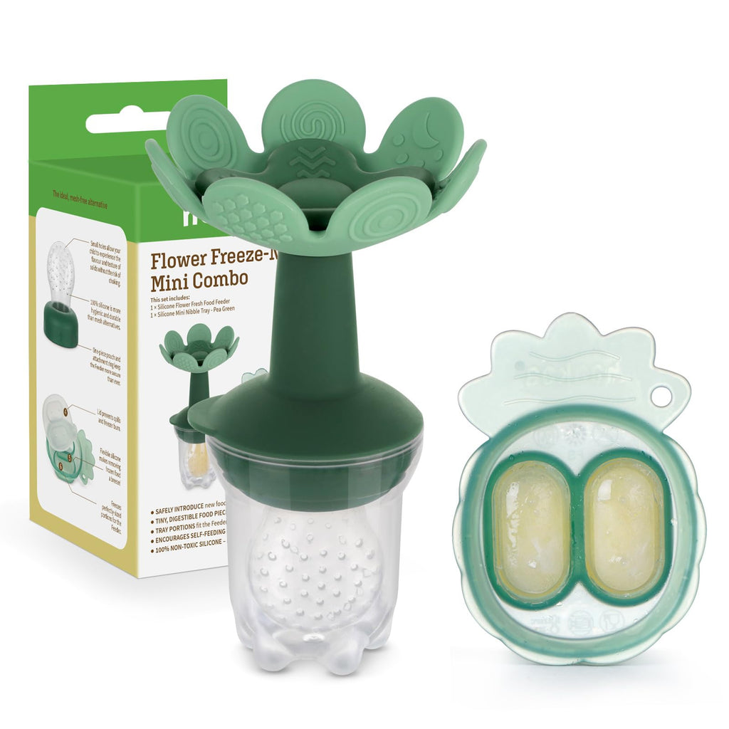 Haakaa Flower Baby Fresh Fruit Food Feeder with Mini Freezer Nibble Tray Breastmilk Popsicle Mold for Baby Cooling Relief Food Grade Silicone Baby Mesh Feeder for Infants 4M+ (PeaGreen)