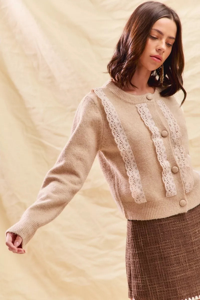 SO ME Front Lace Trim Button Cardigan Sweater