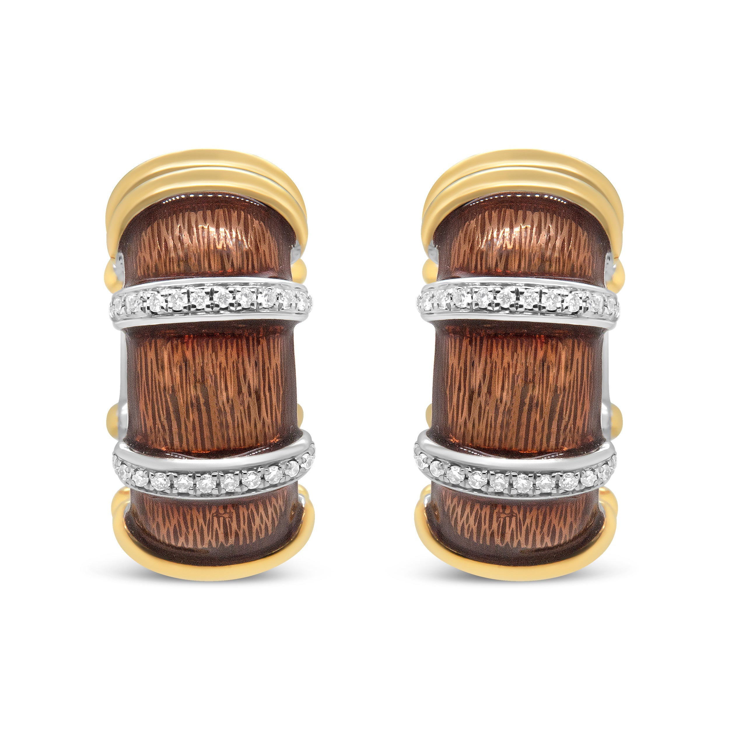 18K Yellow and White Gold Flash Plated .925 Sterling Silver Clear Brown Enamel 9/10 Cttw Round Diamonds Huggie Hoop Earrings (F-G Color, VS1-VS2 Clarity)