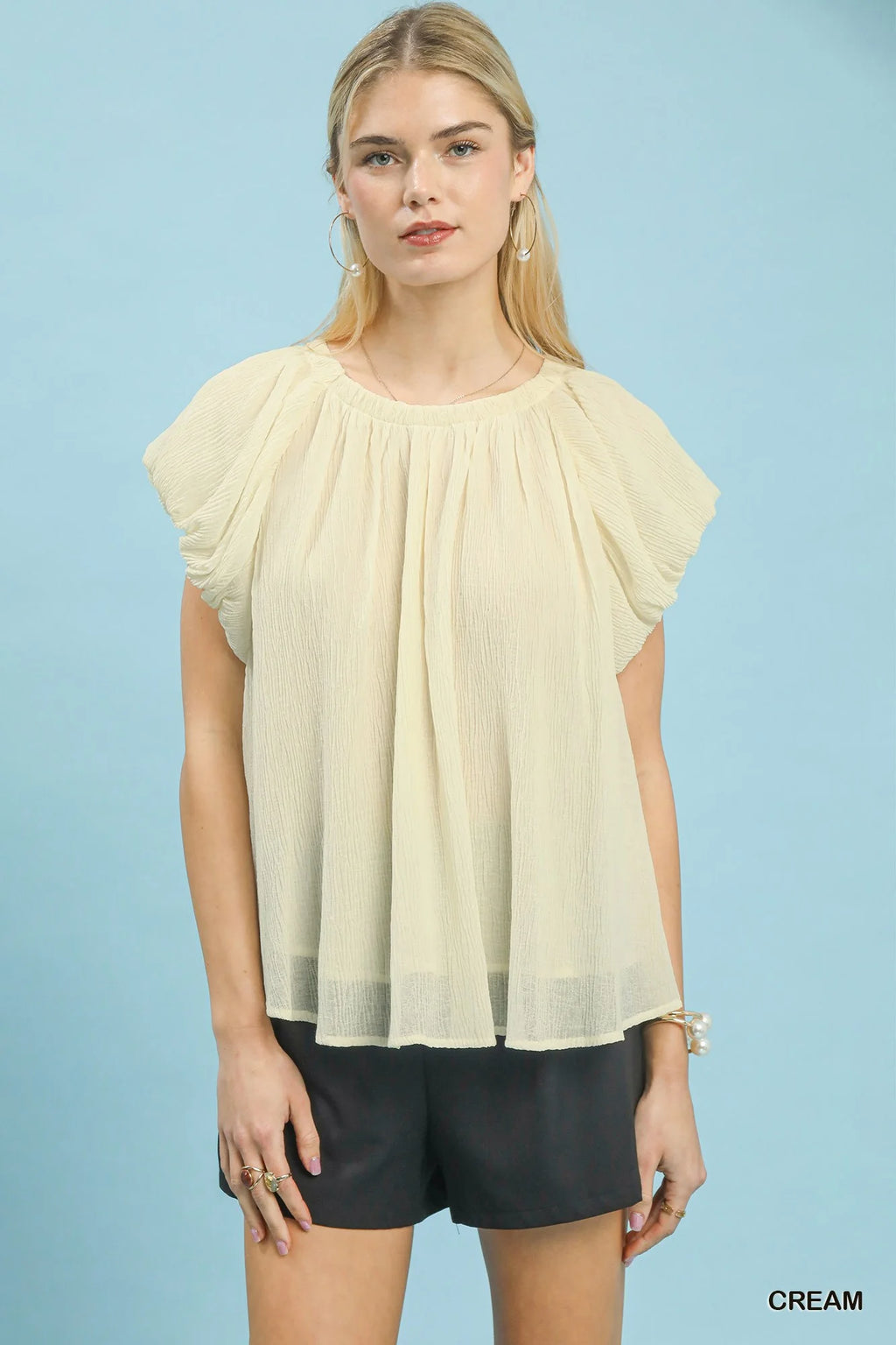 Umgee Crinkle Flutter Sleeve Peasant Top
