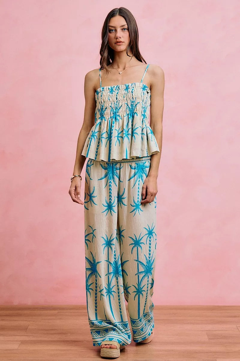 SO ME Palm Tree Smocked Bodice Adjustable Cami Top