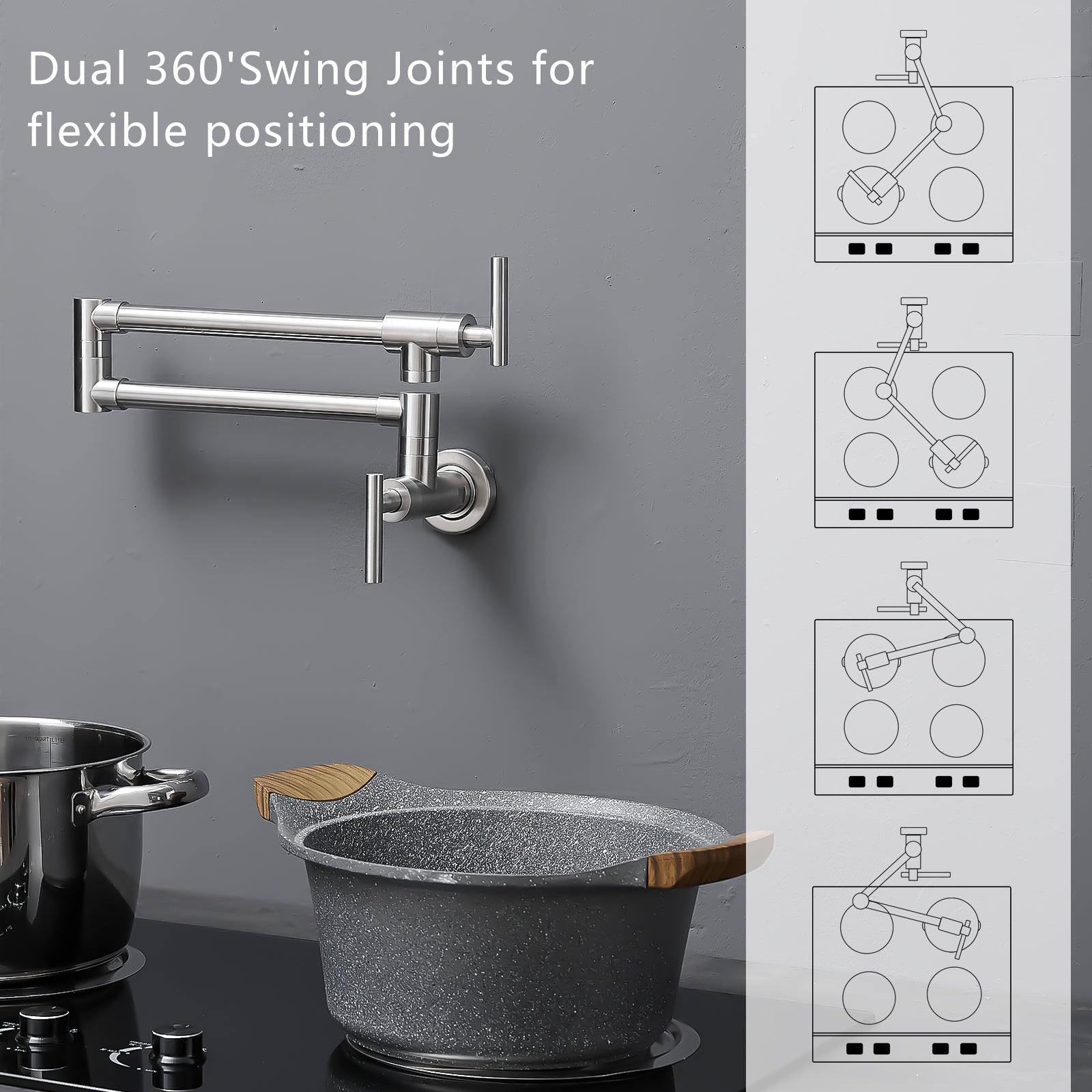 Pot Filler,Wall Mount Commercial Pot Filler Faucet,304 SS Material Kitchen Folding Faucet,Coffee Machine Faucet with Stretchable Double Joint Swing Arms,Style A,Black ened