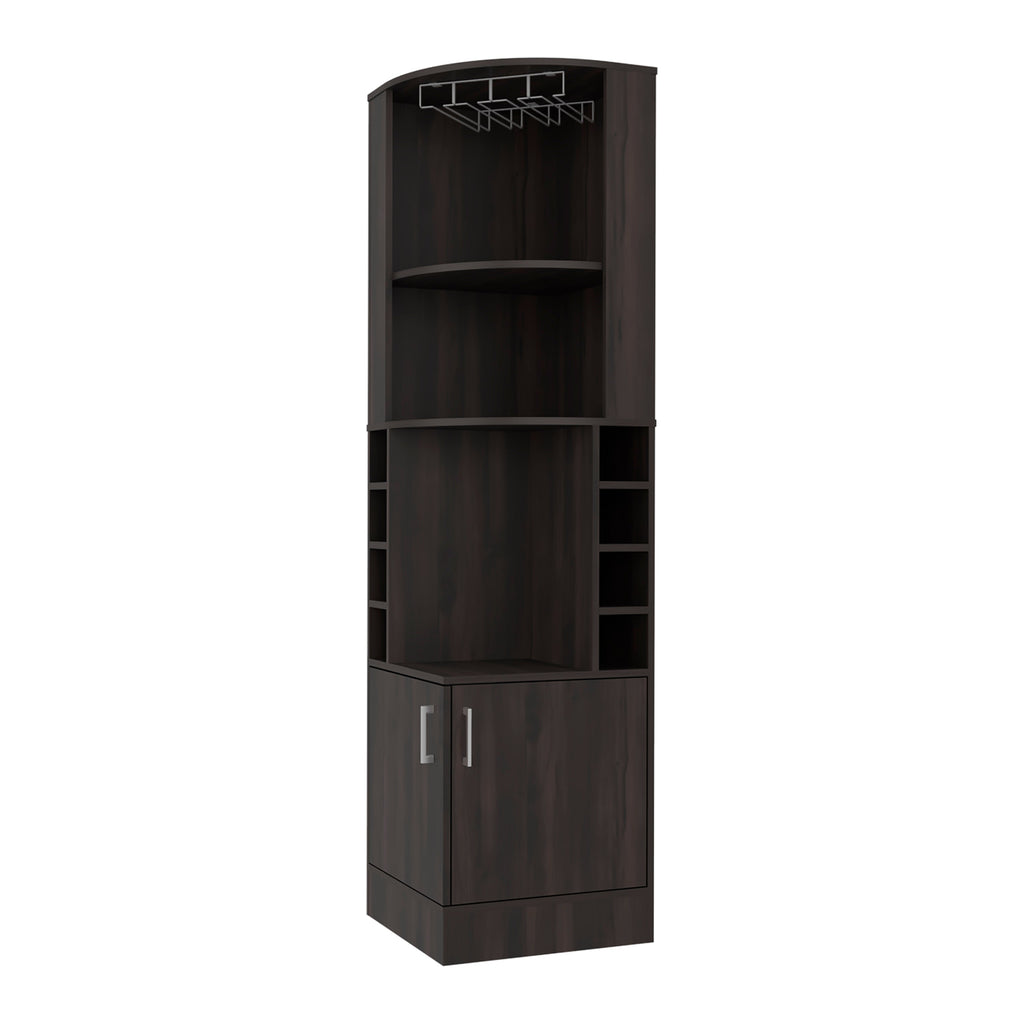 Cairo Corner Bar Cabinet with Double Door Cabinet, Glass Rack, Eight Built-in Wine Rack, Dark Walnut