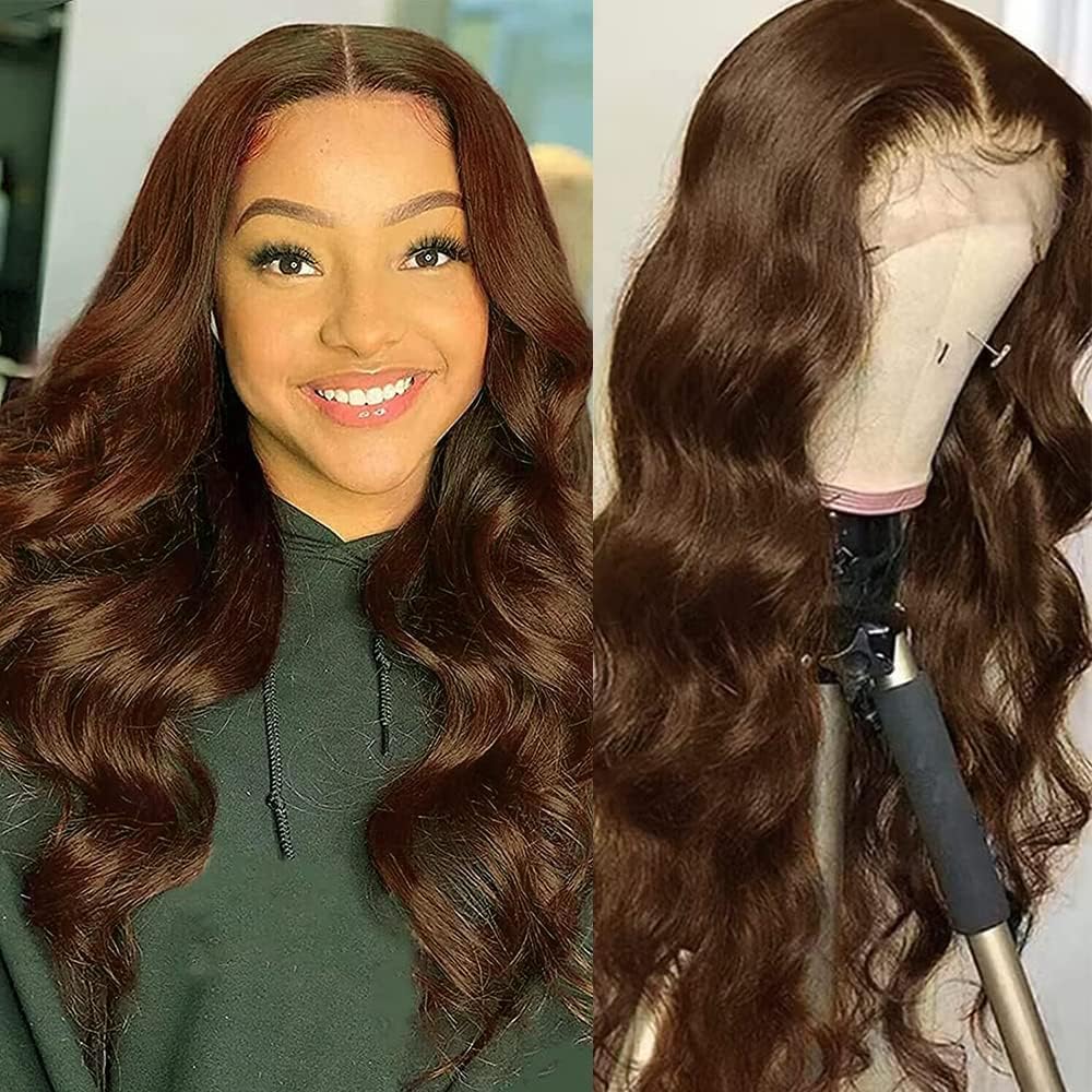 Geoyern Body Wave Human Hair Wigs 180% Density Chocolate Brown Lace Front Wig Human Hair 13x6 T part Virgin Hair Wig for Black Women Auburn Brown Lace Frontal Wig (Tpart wig 4# 16 Inch)