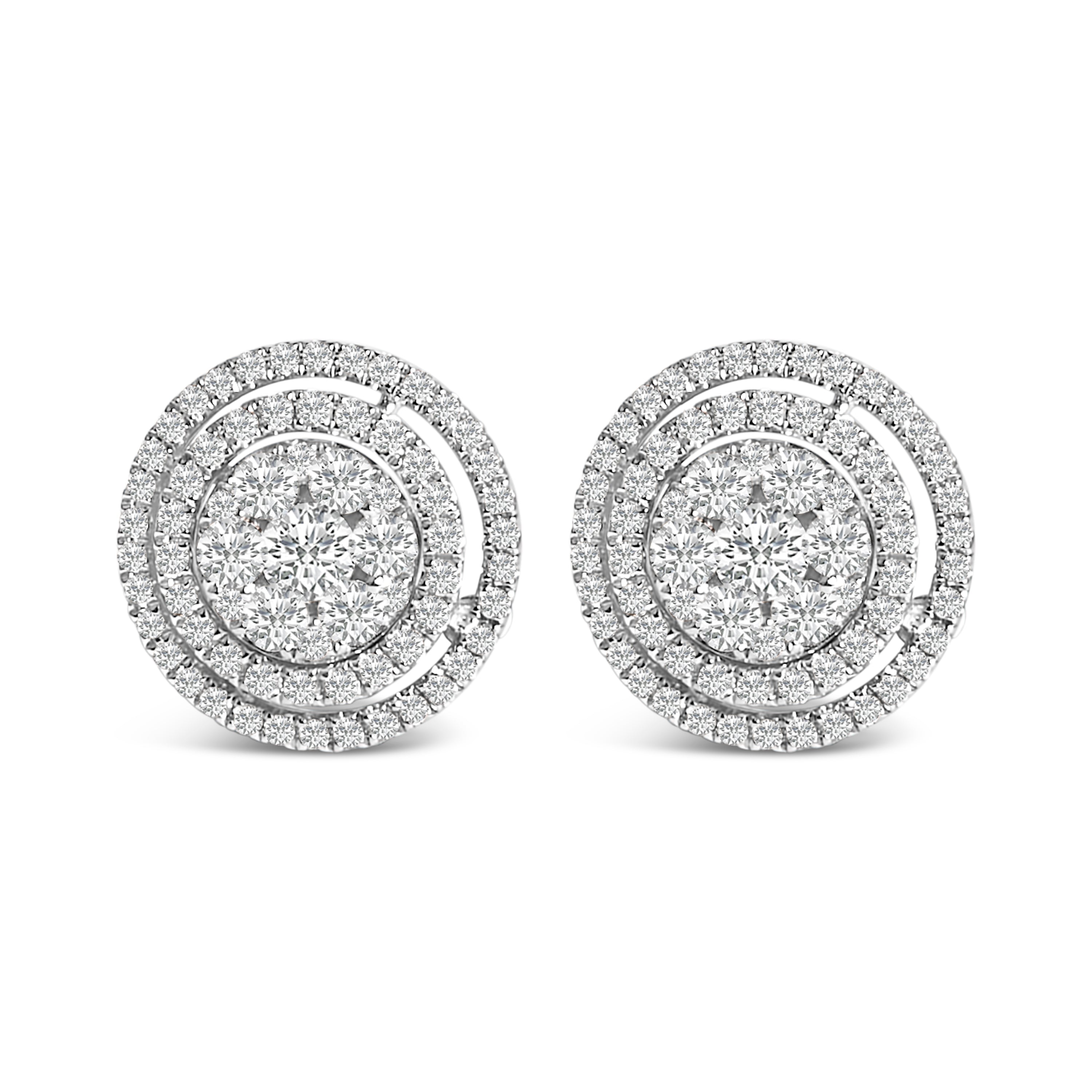 14K Gold 1 3/8 Cttw Diamond Cluster and Double Halo Stud Earring (G-H Color, SI1-SI2 Clarity)