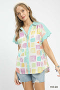 Umgee Mixed Media Print Button Front Collared Top