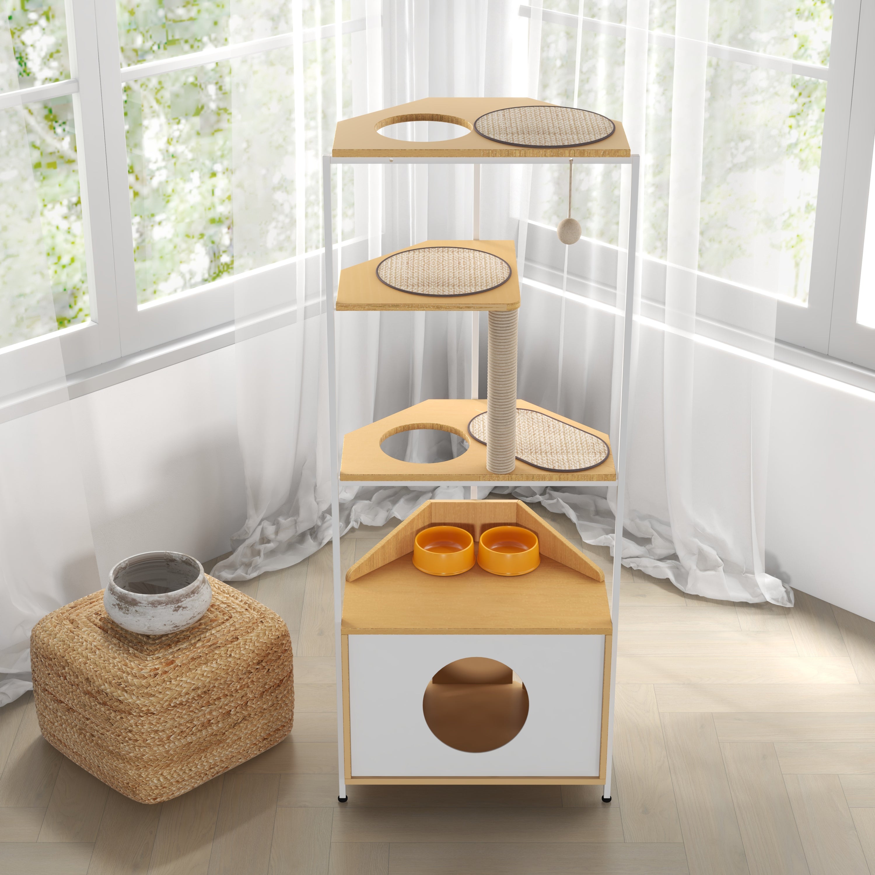 Modern Corner Cat Tower with Scratching Post, Cat Condo and Feeding Station, White and Light Oak Particle Board, 58.27-inch Height