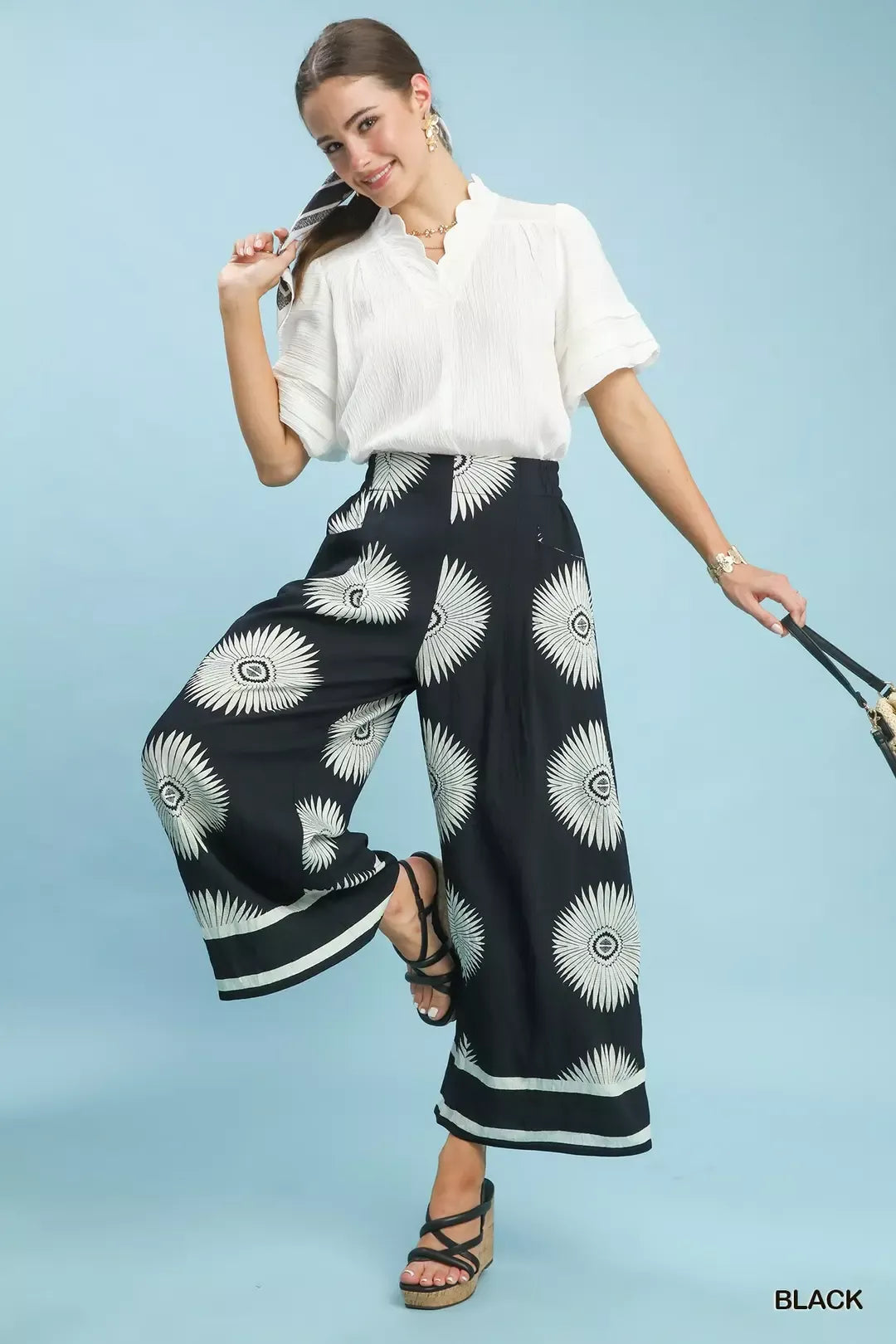 Umgee Abstract Border Print Wide Leg Pants