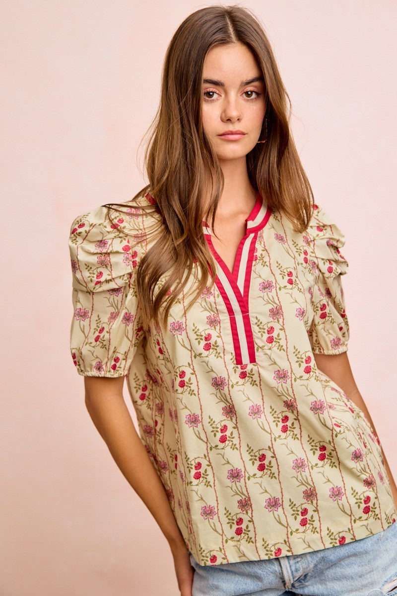 BiBi Floral Gather Sleeves Contrast Neckband Blouse Top