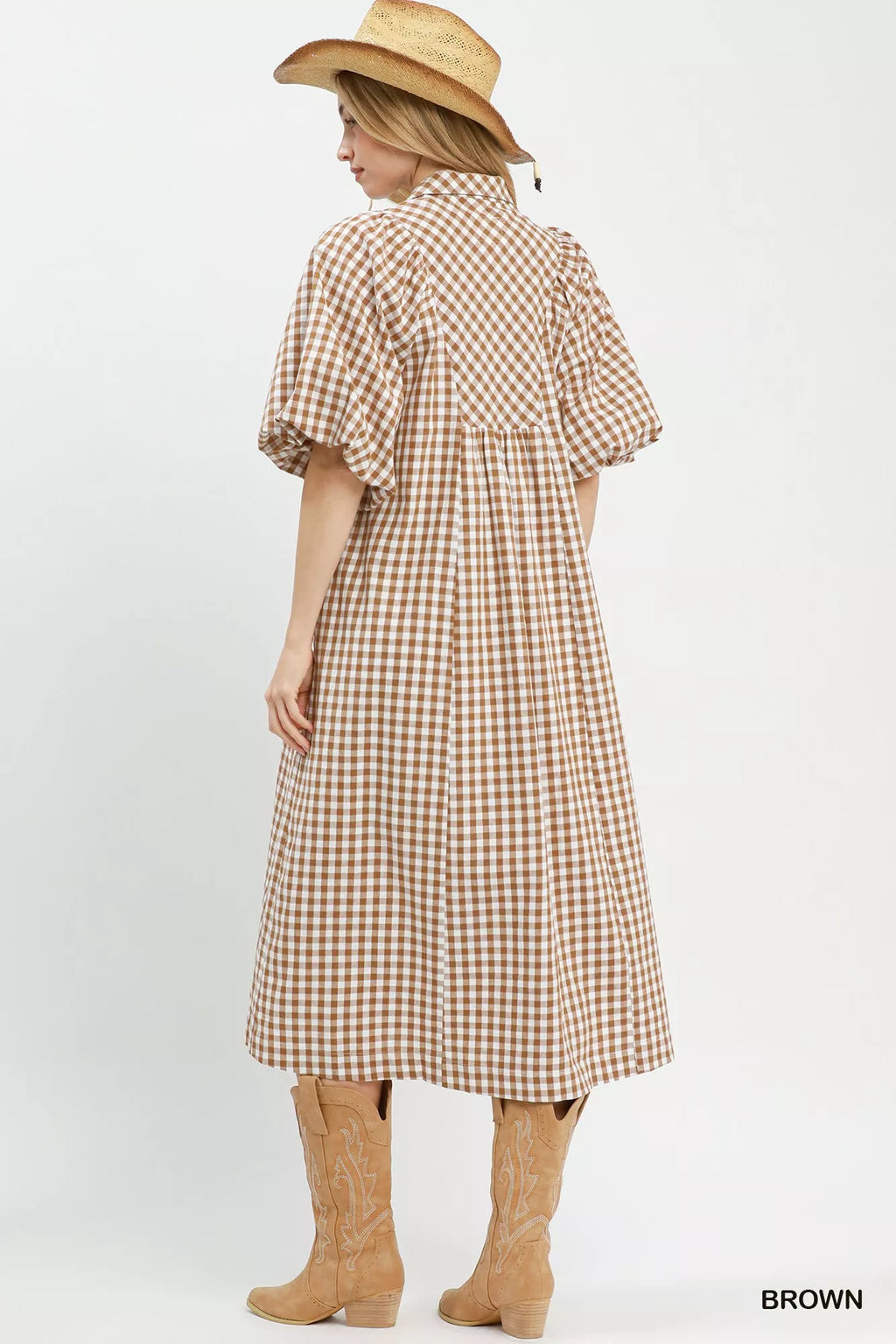 Umgee Puff Sleeve Plaid Midi Dress