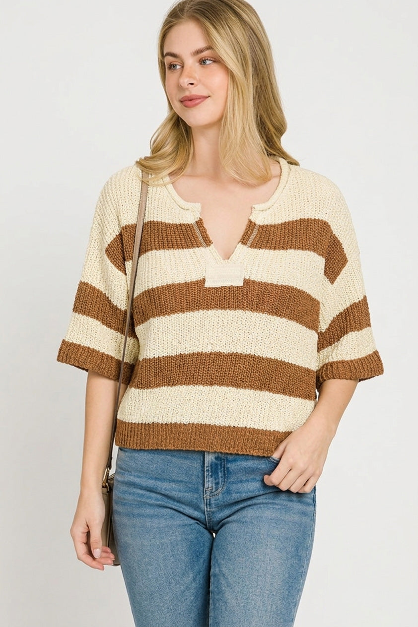 Zenana Split Neck Stripe Sweater