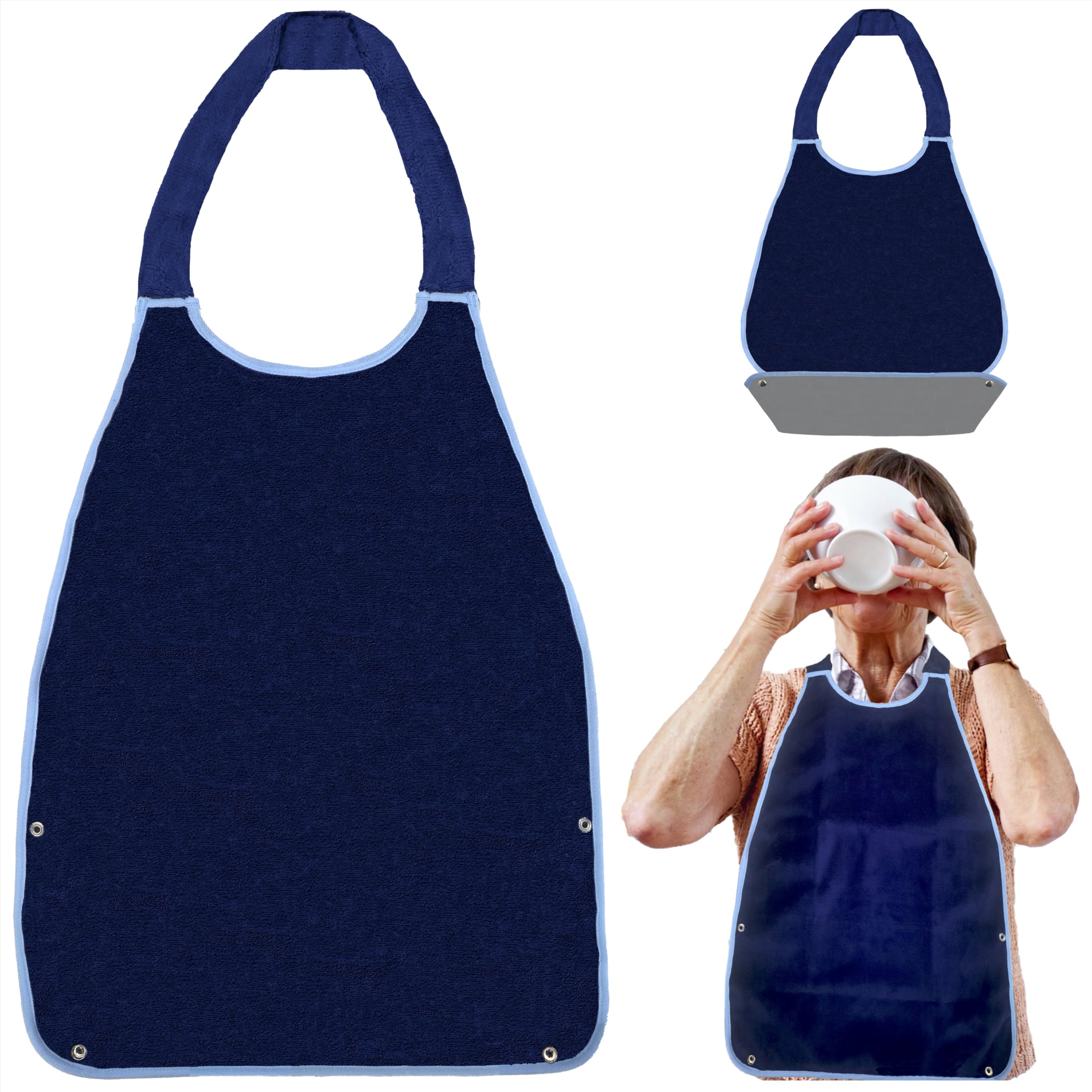 WISE BIBS Adult Bibs for Men and Women - 17”x30” Washable Bibs with Crumb Catcher Adjustable Press & Glide Neck Closure Blue Coral Fleece Waterproof Clothing Protector