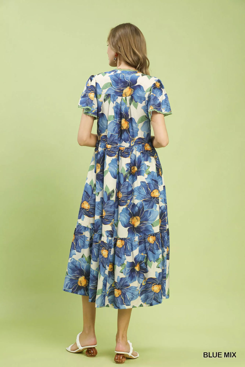 Umgee Tropical Floral V-Neck Flutter Sleeve Tiered Midi Dress