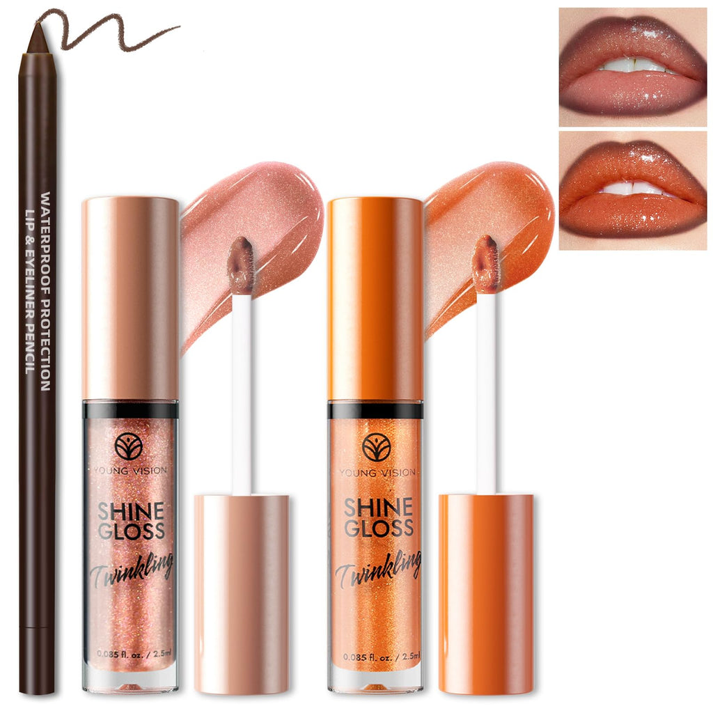 HOSAILY 2 Colors Bling Glitter Lip Gloss with Brown Lip Liner Combo for Women Hydration Plumping Shimmer Natural Nude Tinted Lip Glow Oil Moisturizing Long Lasting High Shine Mini Liquid Lipstick
