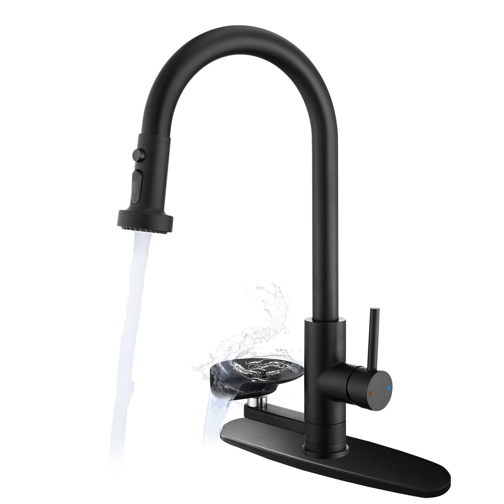 3-in-1 High-Arc Kitchen Faucet with Press-Type Glass Rinser, Pull-Down Sprayer, Matte Black Finish, Stainless Steel & ABS Construction, for Modern Sink