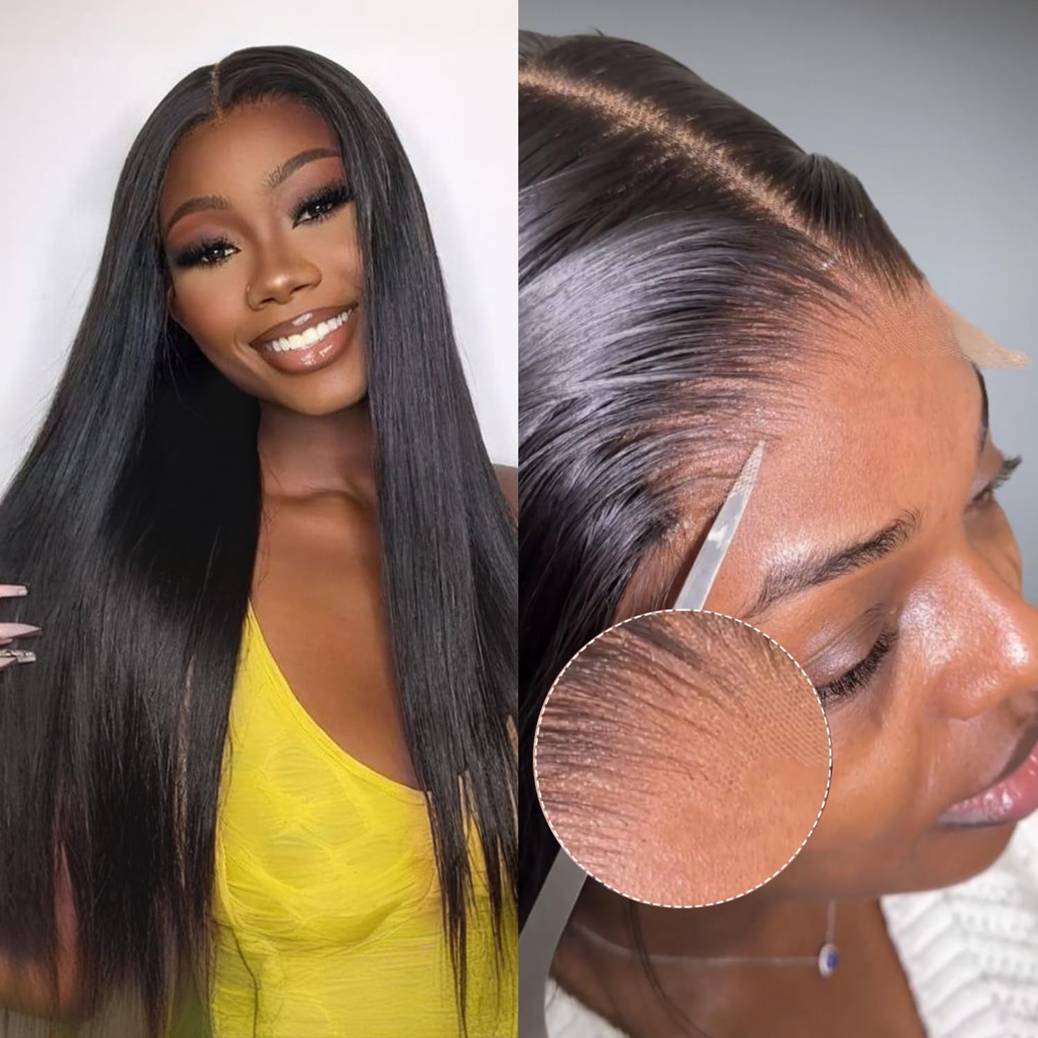 Lashey SKINLIKE HD Lace Closure Wig 5x5 Yaki Straight 0.1mm Super-thin HD lace Wig Glueless Wig Pre Bleached Tiny Knots Pre Plucked Clean Hairline 180% Density Human Hair Wig 30 Inch