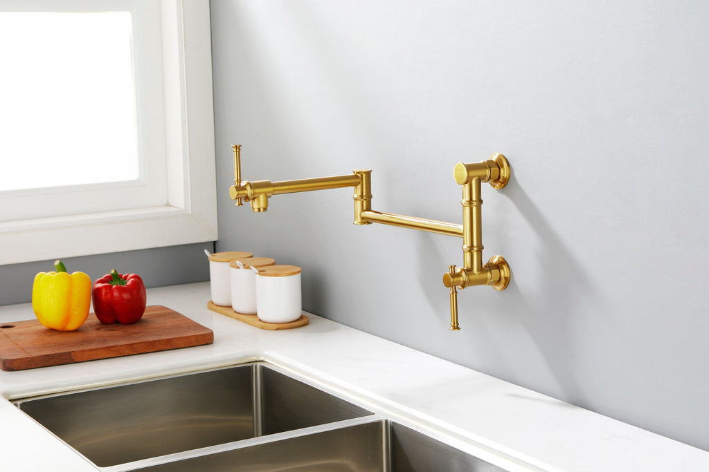 Wall mounted Pot Filler Faucet, Modern Brass Pot Filler Two-Attachment Wall Mount Folding Kitchen Pot Filler Swing Arm
