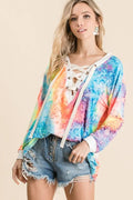 BiBi Tie Dye Deep V-neck Top With Lace Up Front