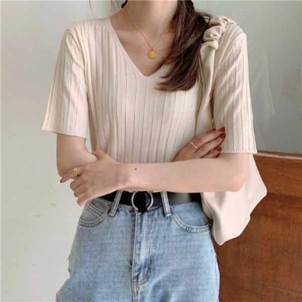 Summer Loose Fit Chicken Heart Collar Ice Silk T-Shirt