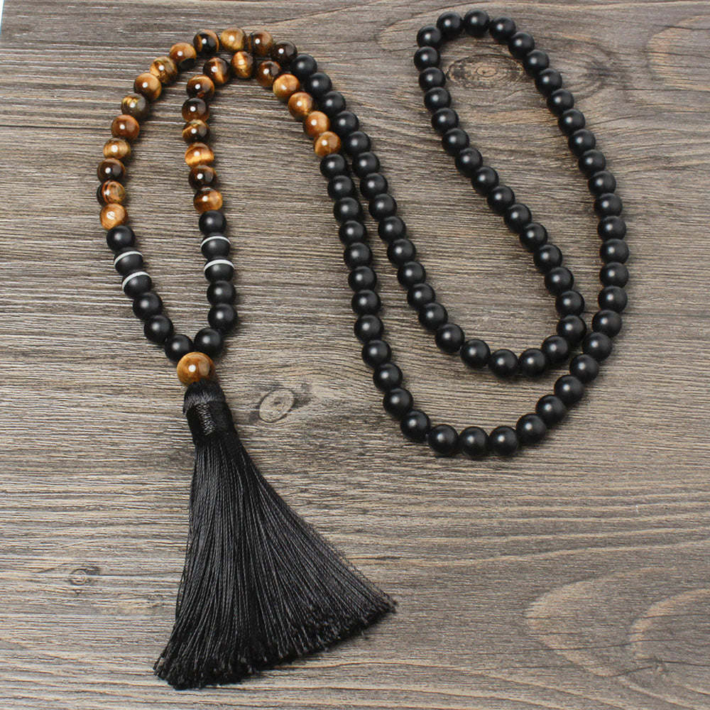 New Black Onyx Bead Necklace with Tiger Eye Tassel