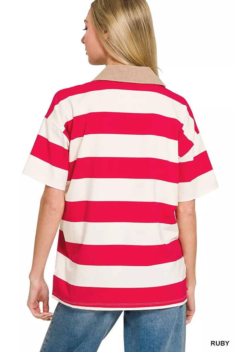 Zenana Striped Collared Polo Top