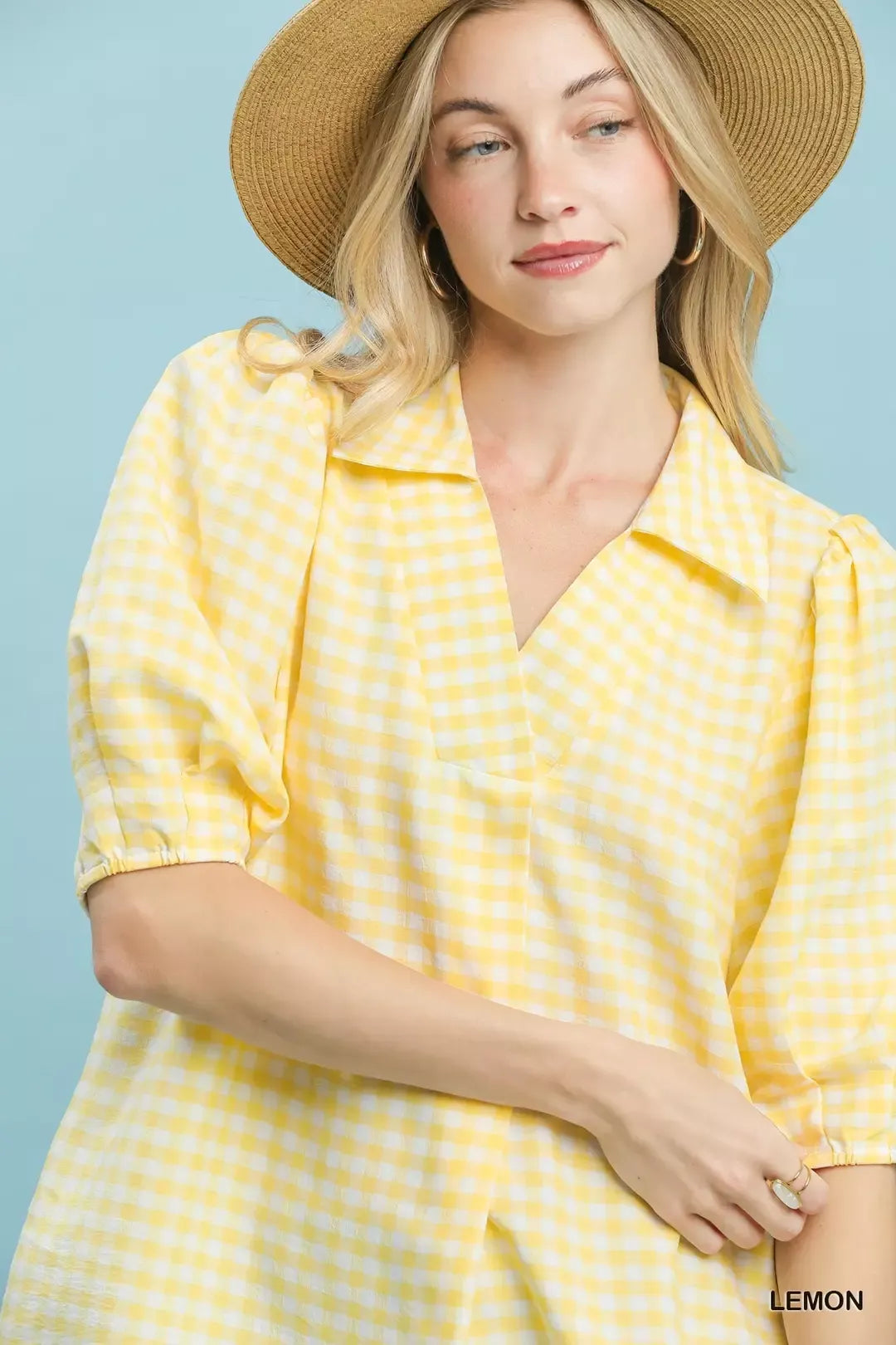 Umgee Gingham Puff Sleeve Collared Blouse