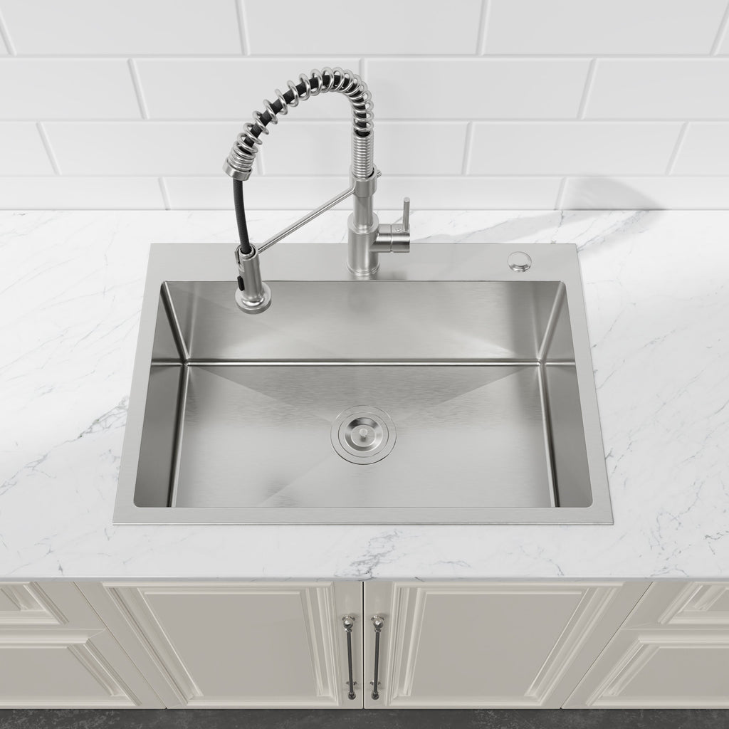 Stainless Steel Kitchen Sink, 27″x19″ Single Bowl, Overmount Handmade Sink in Dark Gray, with US Standard Drain and Hook