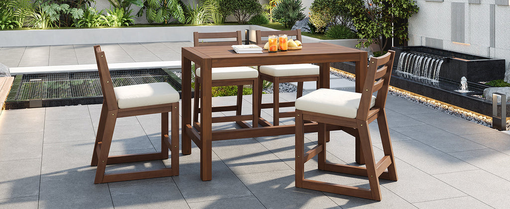 TREXM Rustic Patio Bar Set with Ergonomic Chairs, Solid Wood Slatted Tabletop in Mocha+Beige Cushion