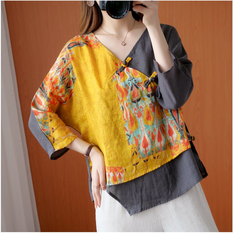 Retro Printed Diagonal Ramie Buttoned Shirt for Women