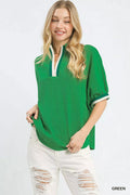 Umgee Textured Knit Top with Striped Contrast Trim