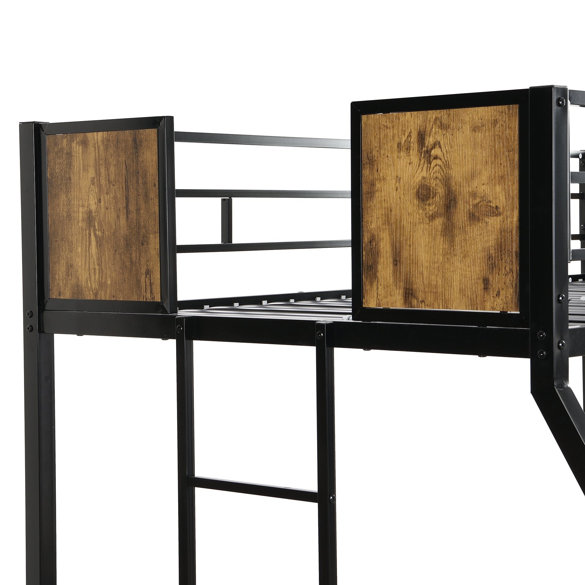 Modern Twin Over Full Metal Bunk Bed with Trundle and Dual Side Ladder, Black & Brown MDF and Metal Design, Easy Assembly