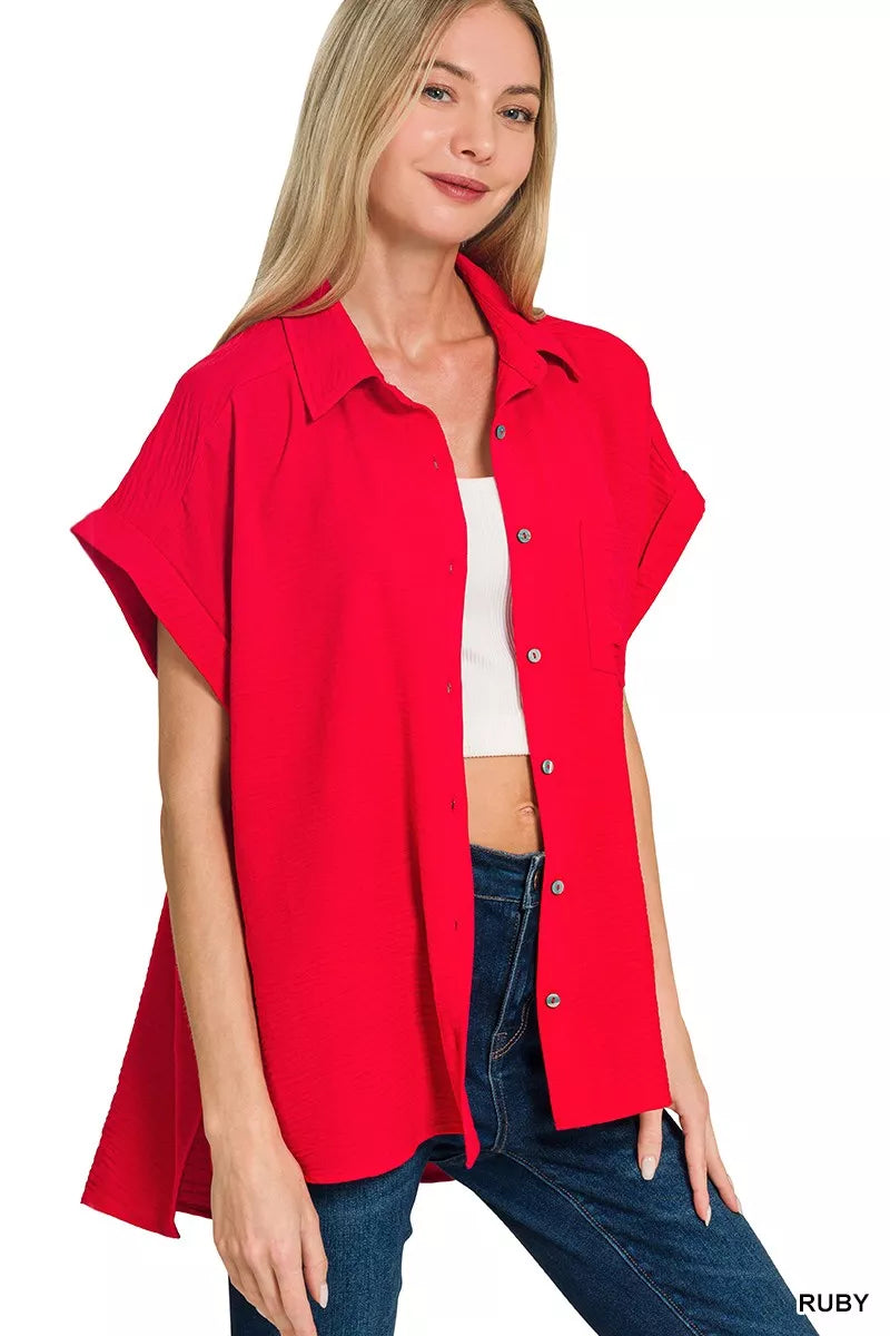 Zenana Woven Airflow Button Down Shirt
