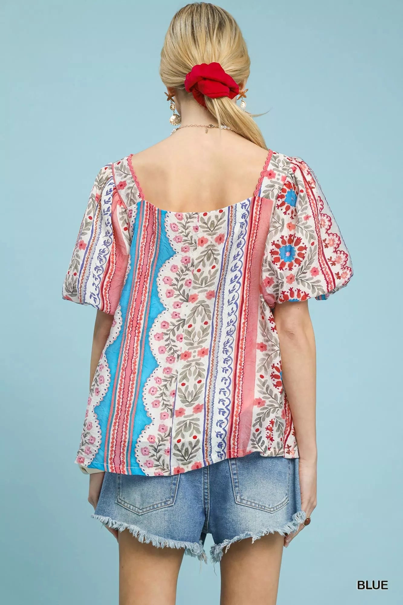 Umgee Patchwork Puff Sleeve Smocked Blouse