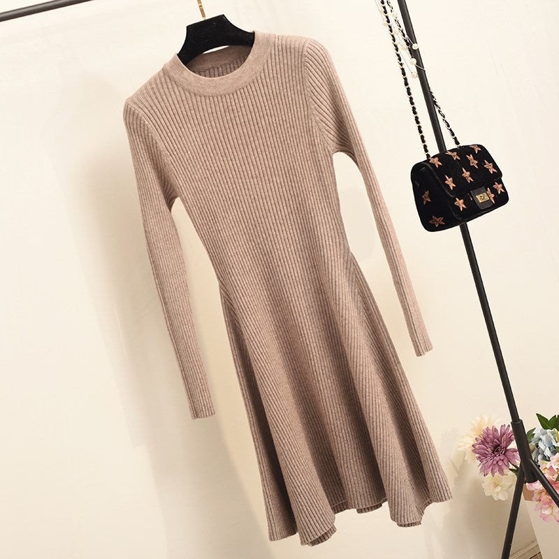 Long Sleeve Solid Color Flared Dress - New Knit Style