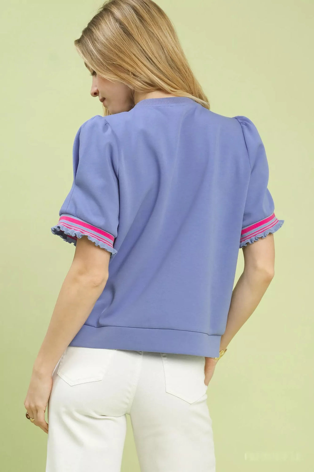 Umgee Puff Sleeve Button Front Top with Contrast Trim