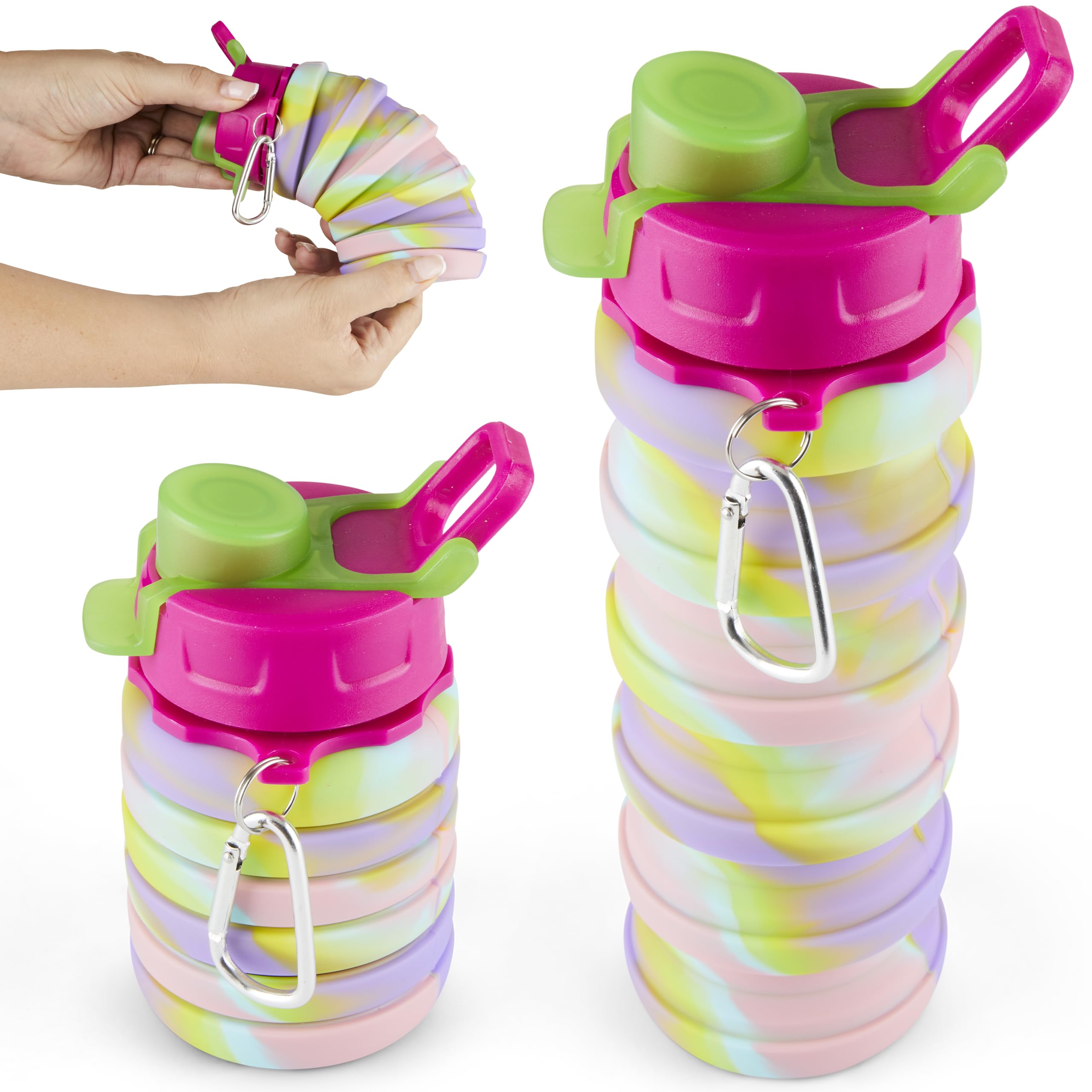 Spacesaver Collapsible Water Bottle - Foldable Water Bottle - Silicone Water Bottle - Travel Water Bottle Collapsible - Lightweight Portable Compact - Camping Hiking Traveling - Pink Rainbow