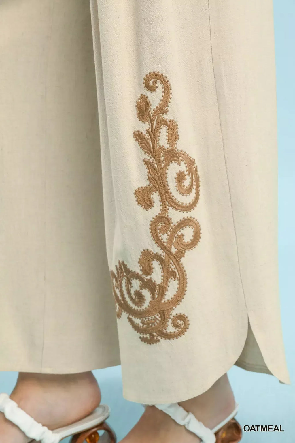 Umgee Linen Embroidered Wide-Leg Boho Pants