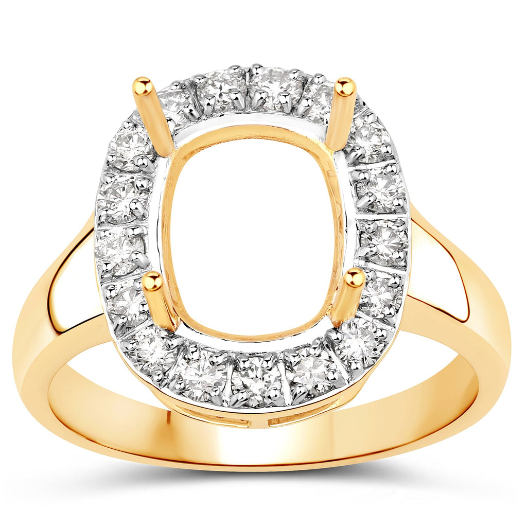 0.51 Carat Genuine White Diamond 14K Yellow Gold Semi Mount Ring - holds 10x8mm Cushion Gemstone