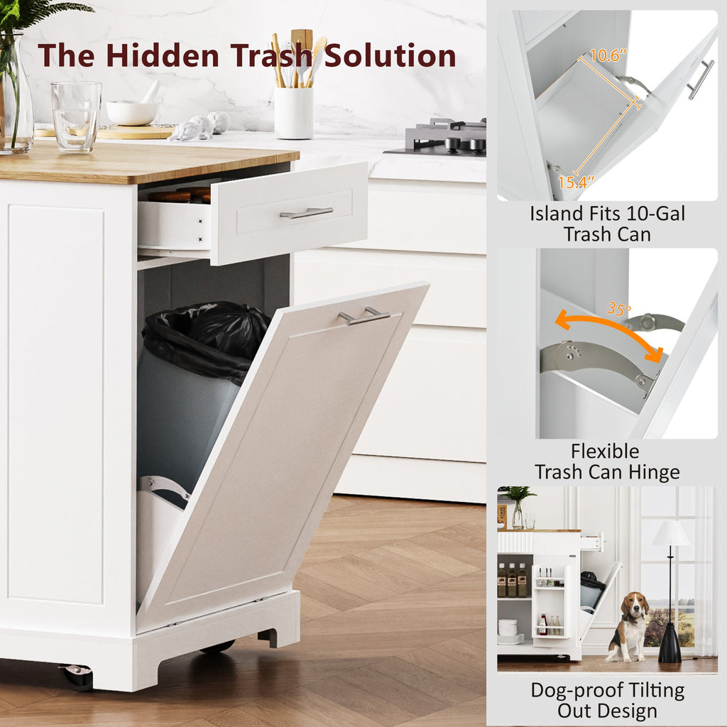 K&K Fluted Kitchen Island with Trash Can Storage Cabinet, Power Outlet, Internal Storage Rack, Rolling Kitchen Islands on 5 Wheels with 3 Drawer, 3 Open Side Racks for 10 Gallon Garbage Bin, White
