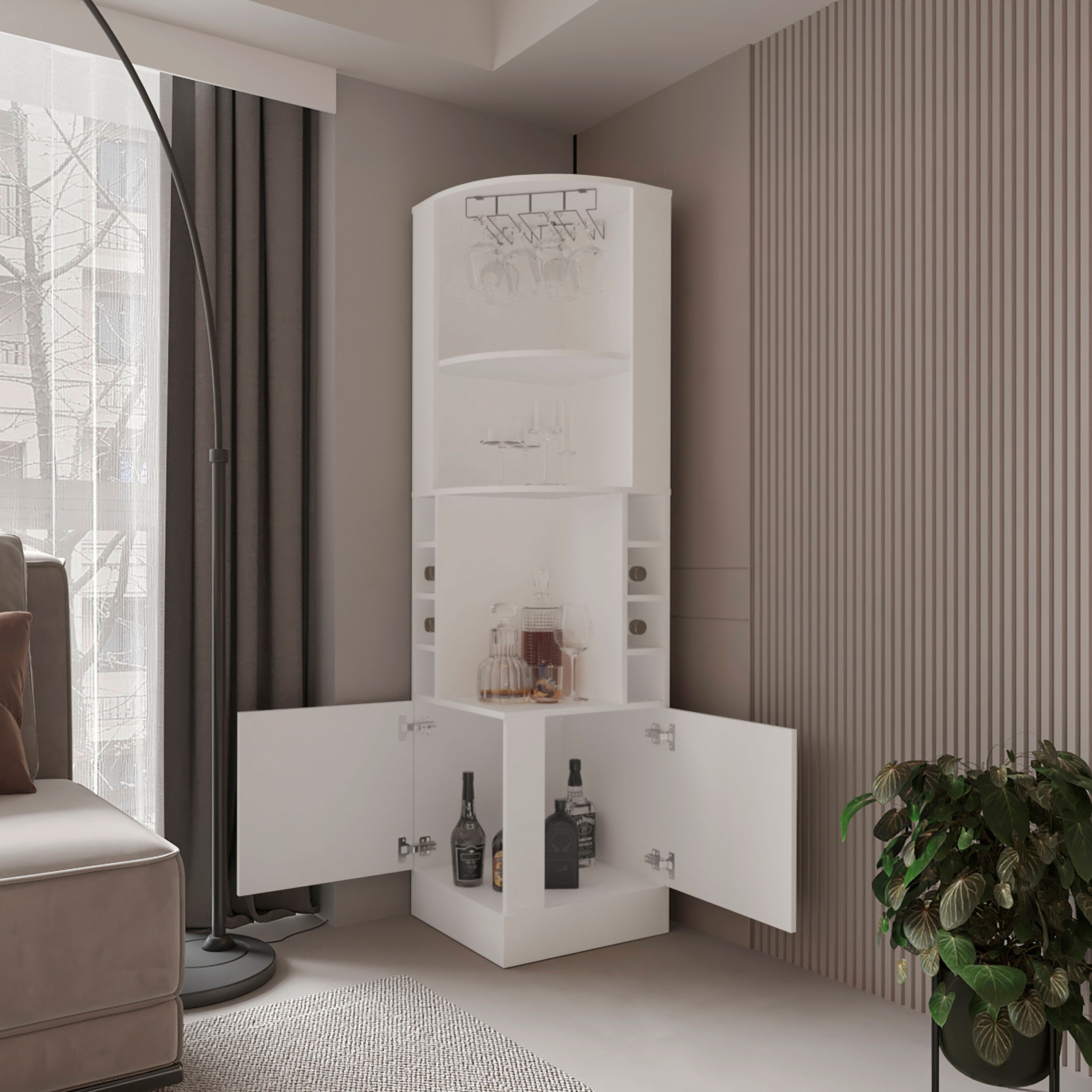 FM FURNITURE Page Corner Bar Cabinet with Wine Storage and Glass Rack. White