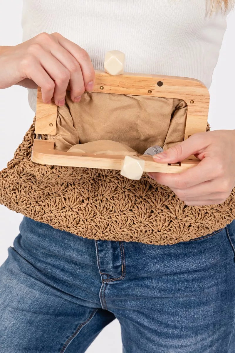 Fame Straw Braided Wooden Frame Cluch Bag