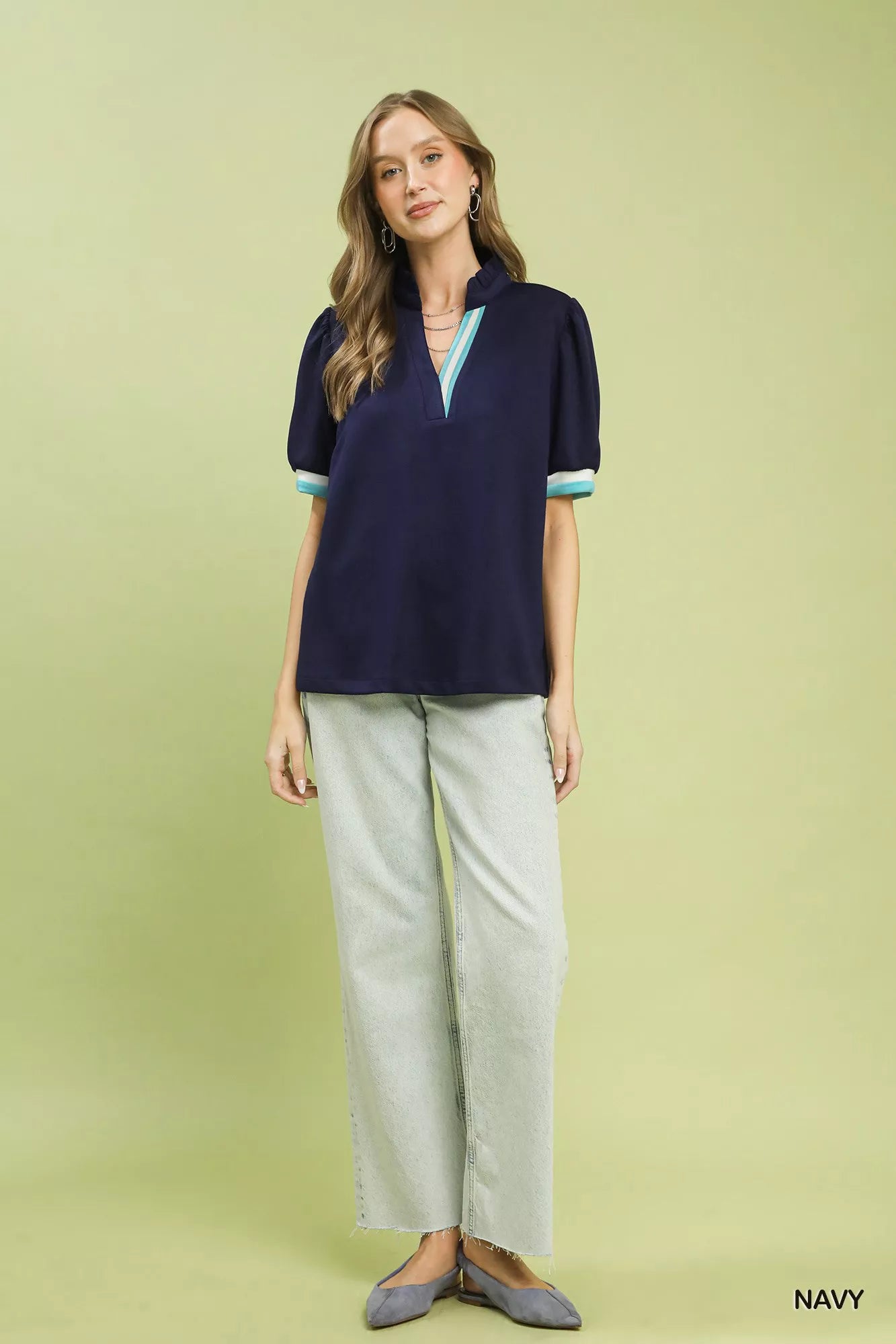 Umgee Luxe knit Contrast Trim Puff Sleeve Top