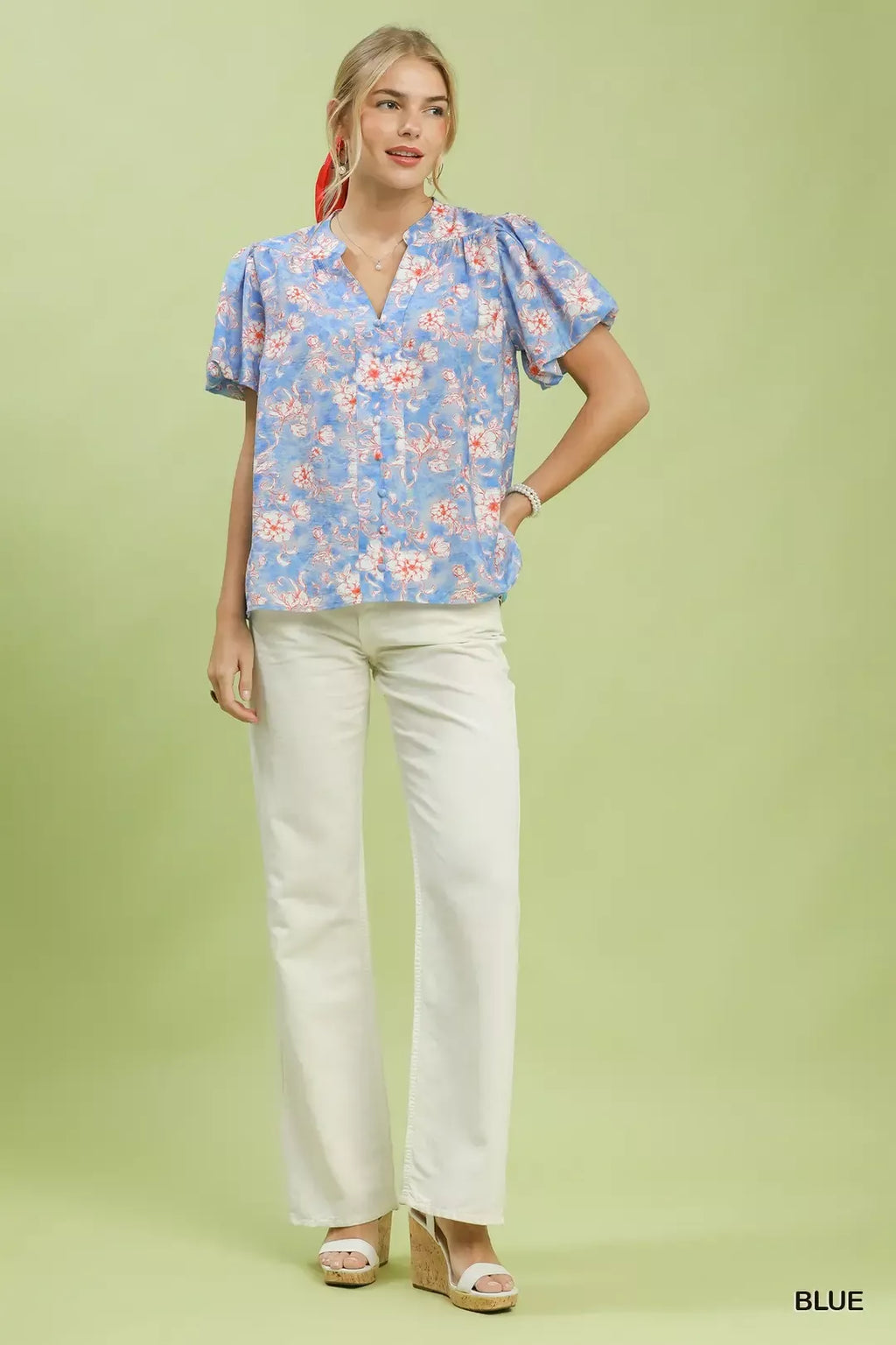 Umgee Floral Button-Front Short Sleeve Shirt