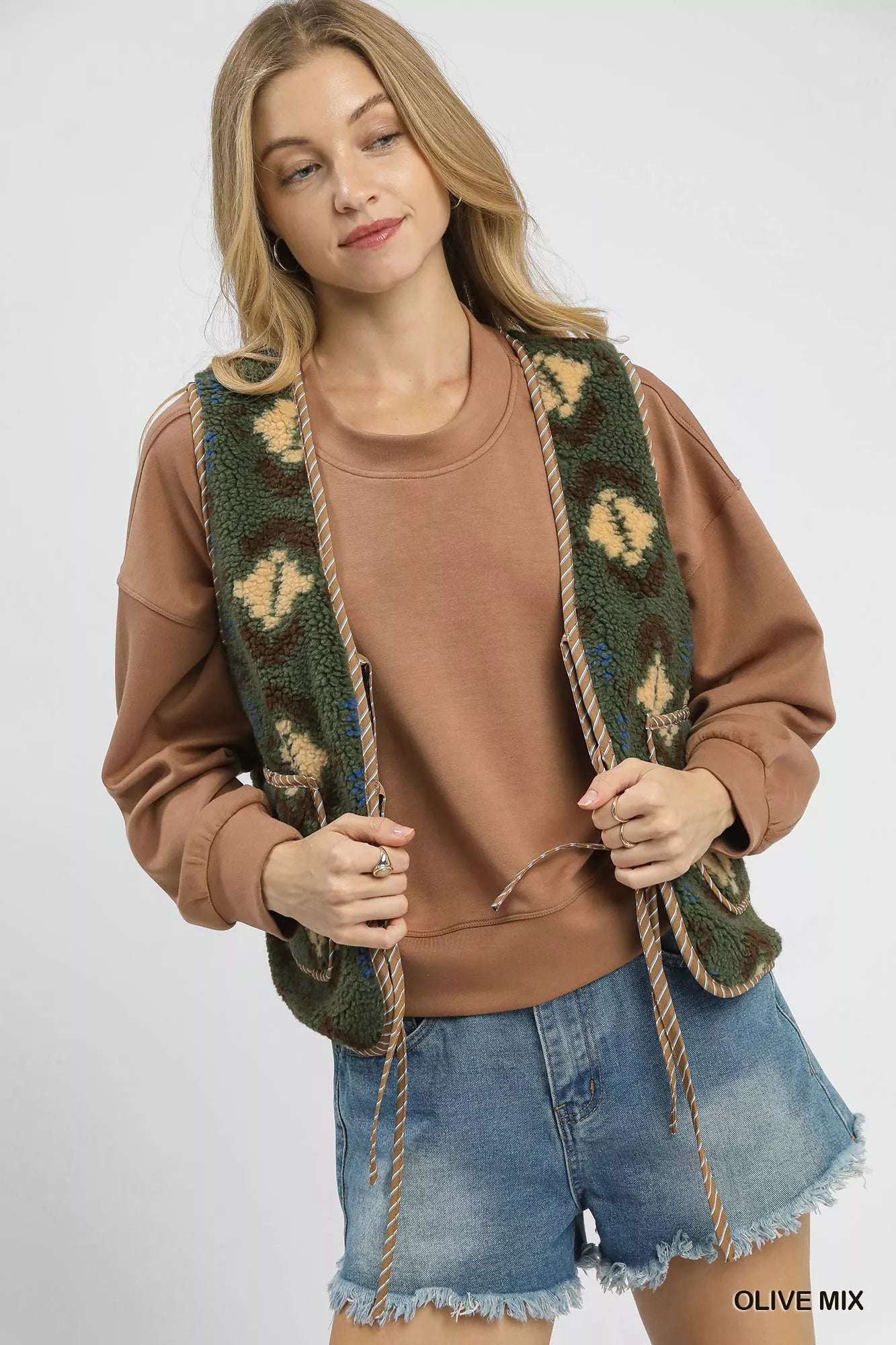 Umgee Mix Patterned Sherpa Tie-Front Vest