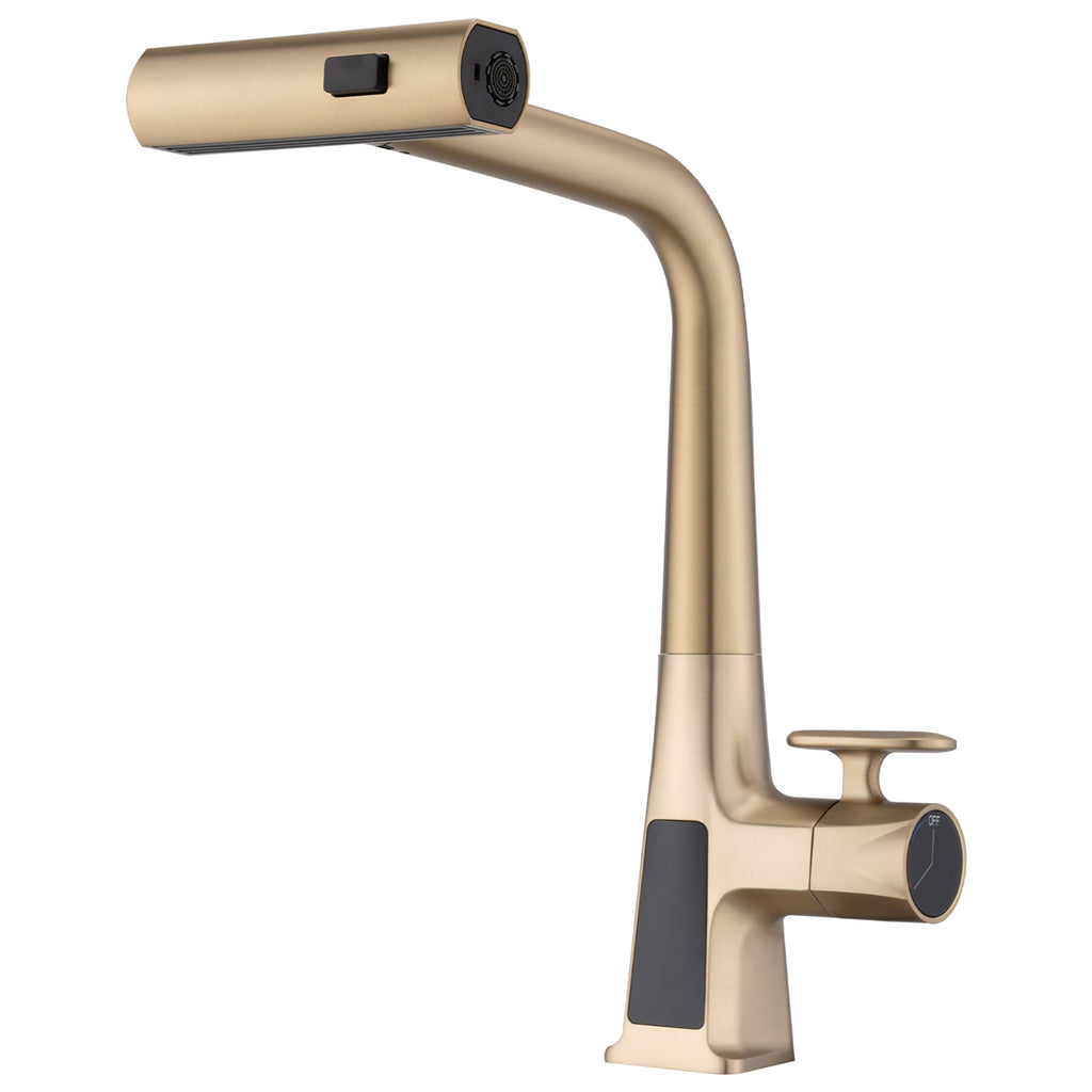 Brushed Gold Waterfall Kitchen Faucet with Temperature Display and Pull Down Sprayer
