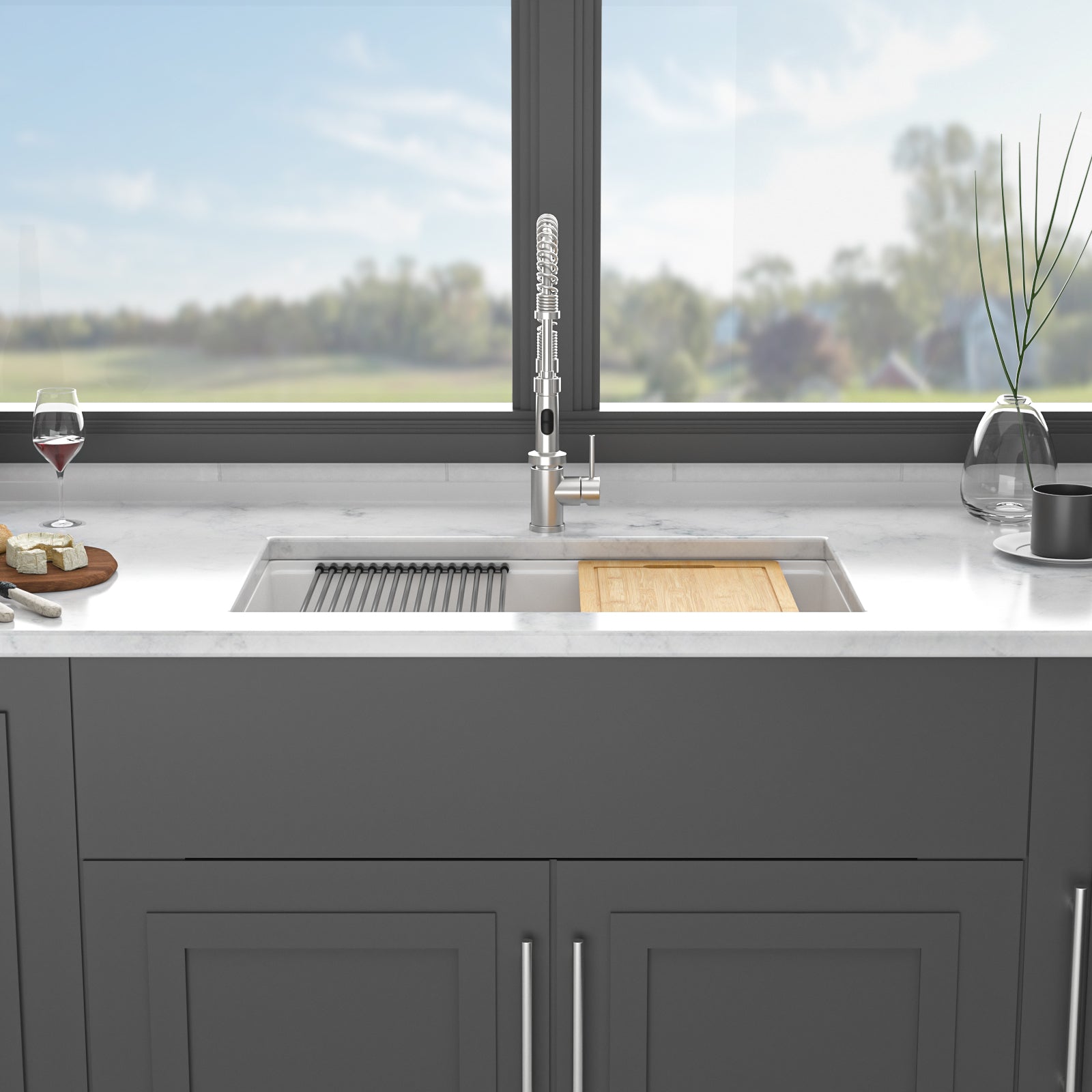 Quartz Kitchen Sink - 33' x 19' White Granite Composite Workstation Undermount Kitchen Sink